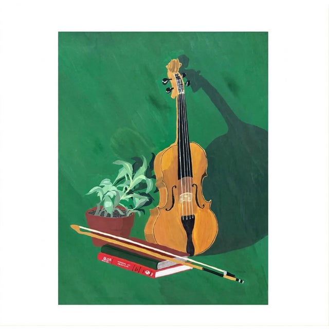 Still Life Violin, Bow, Plant and Books Modern and Colorful.