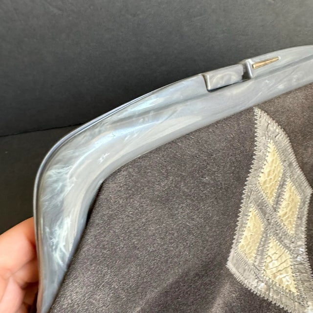 Vintage Italian Suede Clutch Purse Snakeskin Patchwork Leather Bag Gray Bakelite Style Closure Reghi Italy For Sale - Image 4 of 11