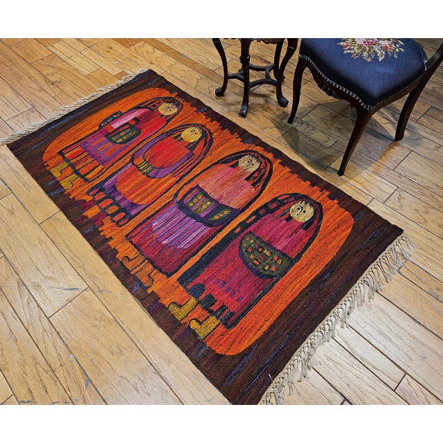 Vintage Mid-Century Tapestry, Handwoven Wool, Folkloric Schoolgirls Design, Crimson & Yellow, 38” X 70” For Sale - Image 9 of 11