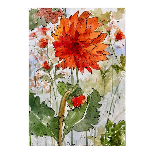 Original Watercolor Painting “Orange Dahlia Bud” For Sale