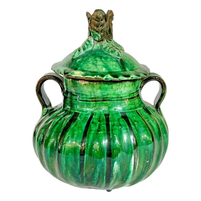 Vintage French Provincial Glazed Green Terracotta 2 Handle Pot With Lid For Sale