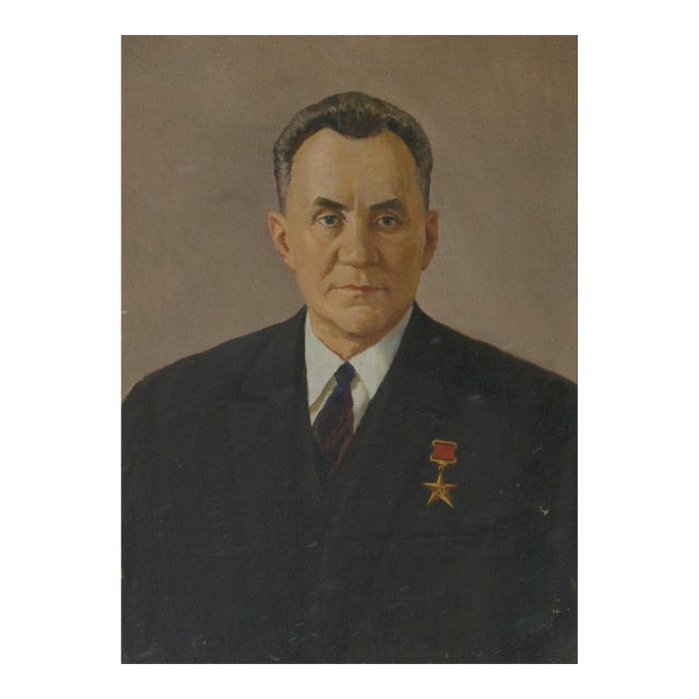 Portrait Politician Large Male Portrait Antique Oil Painting Original Socialist Realism Soviet Art Ukrainian Artist Unknown 80-59 For Sale