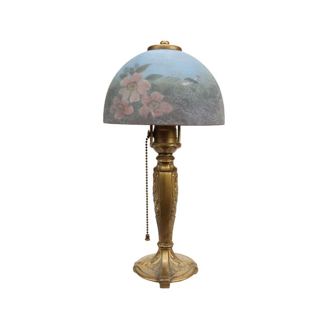 Handel Floral Reverse Painted Chipped Ice Shade & Gilt Metal Base C1910 For Sale - Image 6 of 13