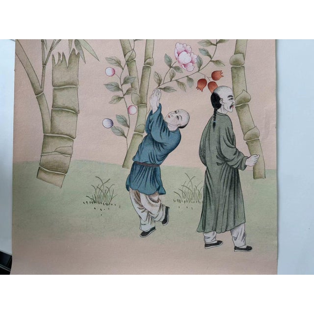 Chinoiserie Blush Pink Chinoiserie Mural | 6-Panel Hand-Painted Bamboo & Children Wallpaper For Sale - Image 3 of 5