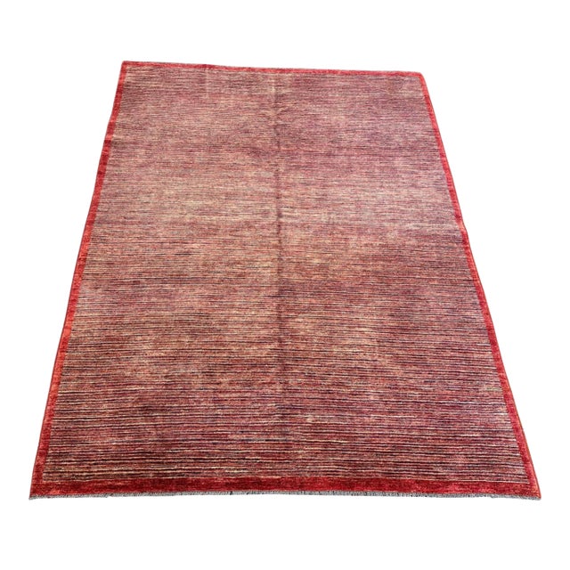 Vintage Turkish Striated Rug in Red, Ivory, and Brown | 5'9" X 7'7" For Sale