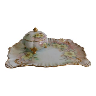 1930s Hand Painted and Signed Vanity Tray and Footed Vanity Jar - 2 Piece Set For Sale