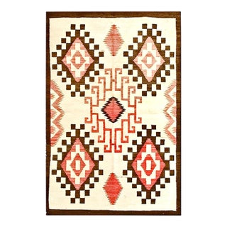 1930s Ivory Diamond Tribal Antique American Navajo Rug 3'5" X 4'5" Flatweave Wool Carpet For Sale