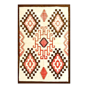 1930s Ivory Diamond Tribal Antique American Navajo Rug 3'5" X 4'5" Flatweave Wool Carpet