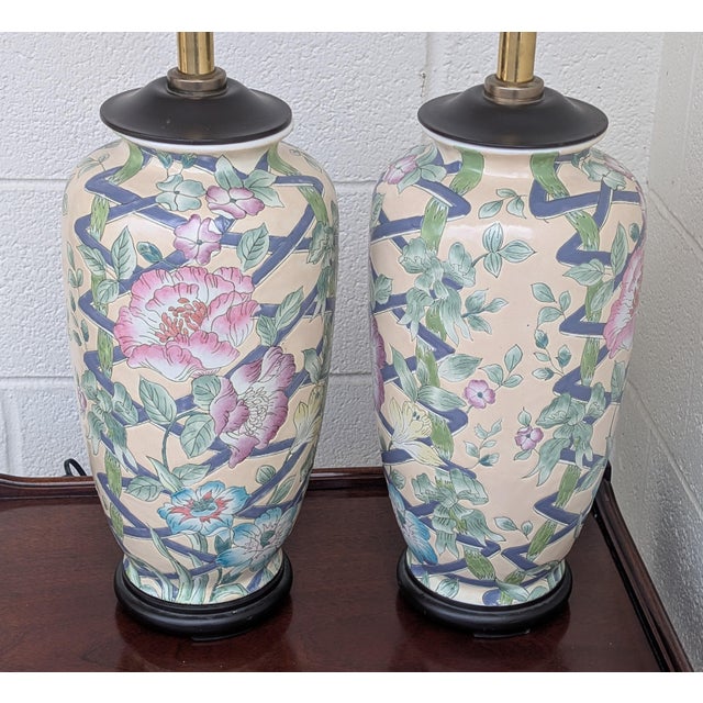 Vintage Ginger Jar Hand Painted Asian Porcelain With Peonies Design Table Lamp - a Pair For Sale - Image 4 of 7