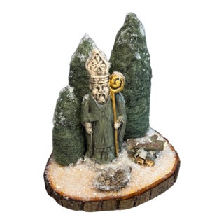 Handcrafted Old-World St. Nick Chalkware & Needle-Felted Wool Winter Vignette For Sale