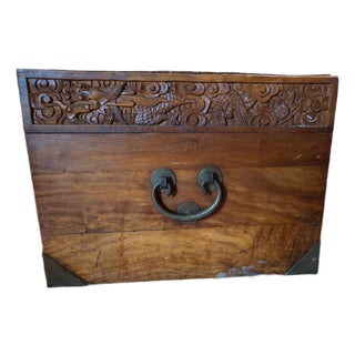 Antique Chinese Hand-Carved Camphor Wood Blanket Chest With Dragon Medallion & Original Brass Hardware For Sale