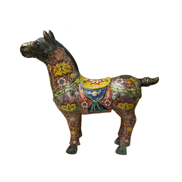 1970s Vintage Oriental Chinese Reddish Maroon Cloisonne Metal Horse Figure For Sale - Image 5 of 14
