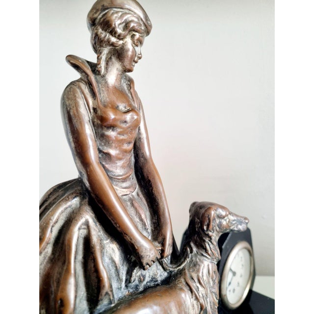 Table Clock with Copper Plated Lady with Greyhound Sculpture from Enrico Lazzar, Italy, 1910s For Sale - Image 10 of 11