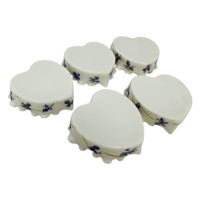 Violet Vintage Hand-Painted Violet Porcelain Salt Cellars, Set of 5, Ruffled Gold Trim Mini Dishes, Unmarked Japan, Lefton China Style, Cottagecore Decor For Sale - Image 8 of 8