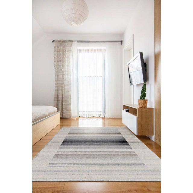 Gray 6x9 Gray Handwoven Wool Viscose Subtle Banding Geometric Modern Carpet Rug For Sale - Image 8 of 11