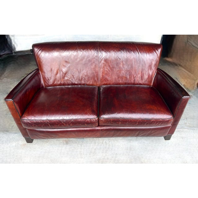 Restored Crate & Barrel Leather Loveseat – Distressed Patina, Solid Wood Frame For Sale In Los Angeles - Image 6 of 17