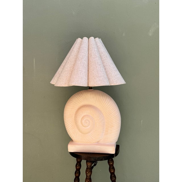 Postmodern Vintage Pink Plaster Sculptural Nautilus Shell Table Lamps, a Pair — Hollywood Regency, Rewired For Sale - Image 3 of 9