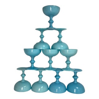 Vintage French Turquoise Blue Opaline Glass Champagne Coupes or Sherbet Glasses, by Portieux Vallerysthal Set of 10 For Sale