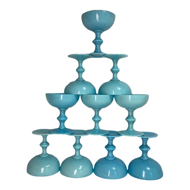 Vintage French Turquoise Blue Opaline Glass Champagne Coupes or Sherbet Glasses, by Portieux Vallerysthal Set of 10 For Sale