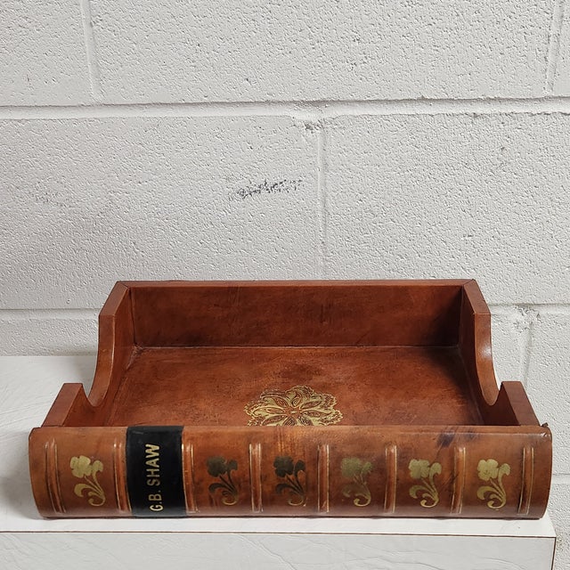 A handsome vintage two-piece faux book desk organizer and letter tray set, executed in a classic old-world trompe l'oeil...