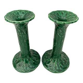 Vintage Haldon Group Green Majolica Candle Stick Holders-Pair For Sale