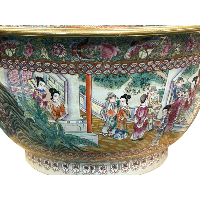 Vintage Chinese Famille Rose People House Graphic Large Porcelain Bowl Pot For Sale - Image 11 of 12