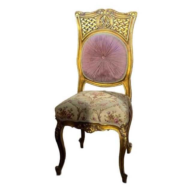 French Victorian Accent Chair With Pink Velvet Back, Floral Damask Seat & Hand-Gilded Frame For Sale