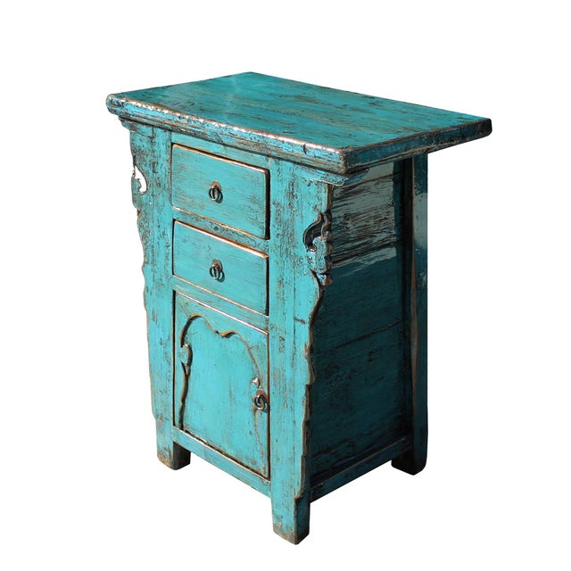 Chinese Rustic Rough Wood Distressed Aqua Blue Side Table Cabinet Chairish