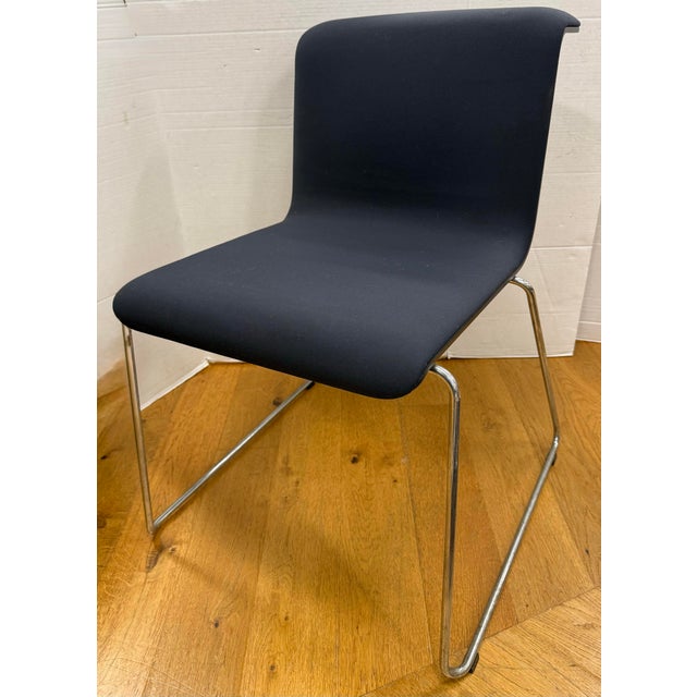 Late 20th Century Set of 6 Alain Bereau Navy Chrome Sled Tab Stackable Chairs For Sale - Image 5 of 6