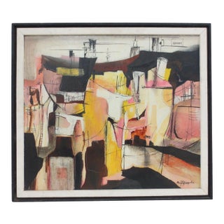 Maryn Hunzeker "The Refinery" Mixed Media Abstract Painting C.1950 For Sale