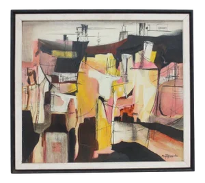 Maryn Hunzeker "The Refinery" Mixed Media Abstract Painting C.1950