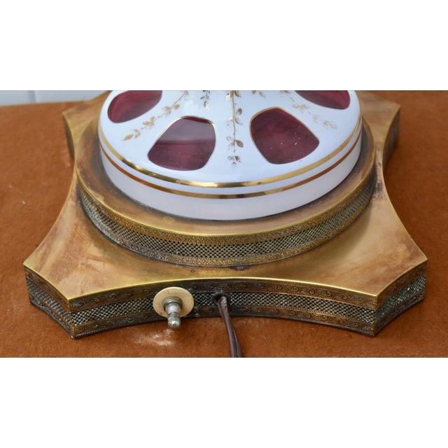 White Cranberry Glass and Brass Lamp Vintage Table Bohemian Czech Hand Painted For Sale - Image 8 of 18