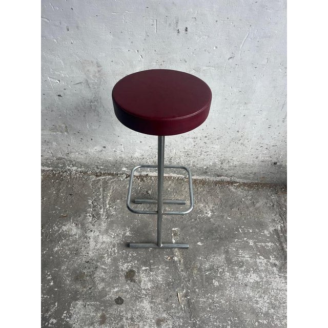 Metal Vintage Industrial Bar Stools with Burgundy Seats, 1980s, Set of 3 For Sale - Image 7 of 8