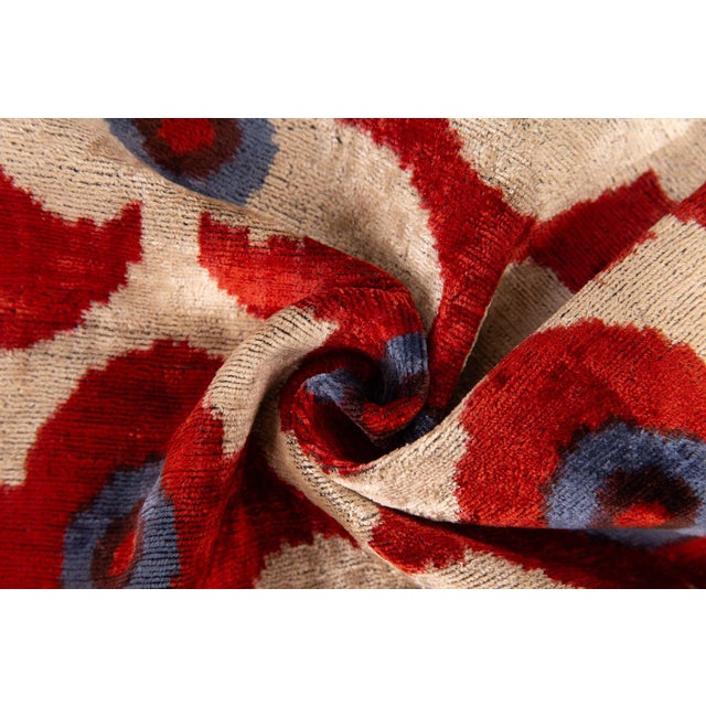 Mid-Century Modern Luxury Silk Velvet Throw Pillow - Rust Red, Blue, and Ivory Floral Design, 16x16 For Sale - Image 3 of 5