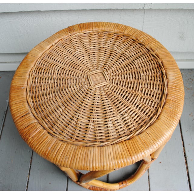 Mid-Century Modern Mid Century Small Round Drum Bamboo Wicker Top Accent Table For Sale - Image 3 of 8