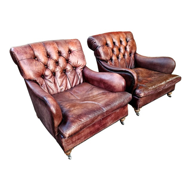 Early 21st Century Pair of Eichholtz Tufted Leather Club Caledonian Armchairs For Sale