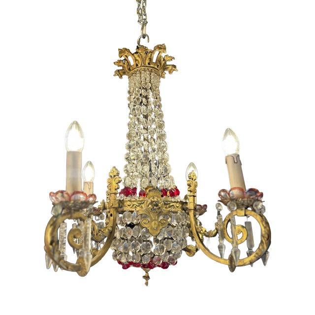 Gilt Bronze and Crystal 4-Light Chandelier with Enameled Glass Decoration, Early 20th Century For Sale