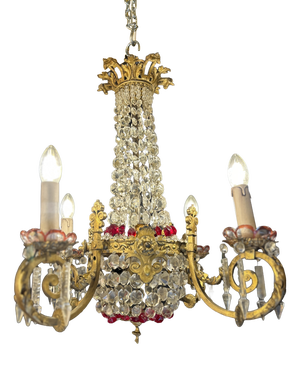 Gilt Bronze and Crystal 4-Light Chandelier with Enameled Glass Decoration, Early 20th Century