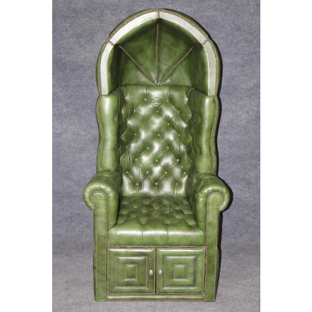 English Fine Custom Brass Nail Head Trimmed Green Leather Tufted Porter Canopy Chair For Sale - Image 3 of 12