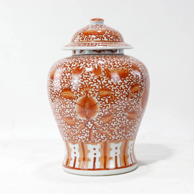 Pair of Chinese Late 19th - Early 20th Century Jingdezhen Kiln Iron Red Glaze 'Lotus Scroll' Covered Jars For Sale - Image 4 of 13