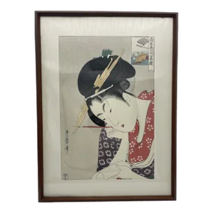 Antique Six Houses of the Yoshiwara Kansei Period Japanese Woodblock Print, Framed
