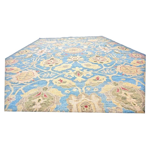 Islamic Afghan Sultanabad Wool 6x9 Light Blue & Tan Handmade Area Rug #1144039 For Sale - Image 3 of 6
