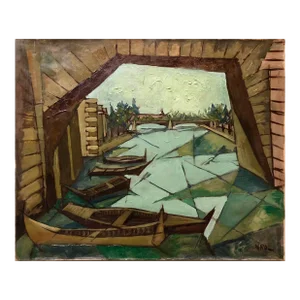 Vintage Abram Krol Modern Abstract Venice Gondola Canal Scene Painting