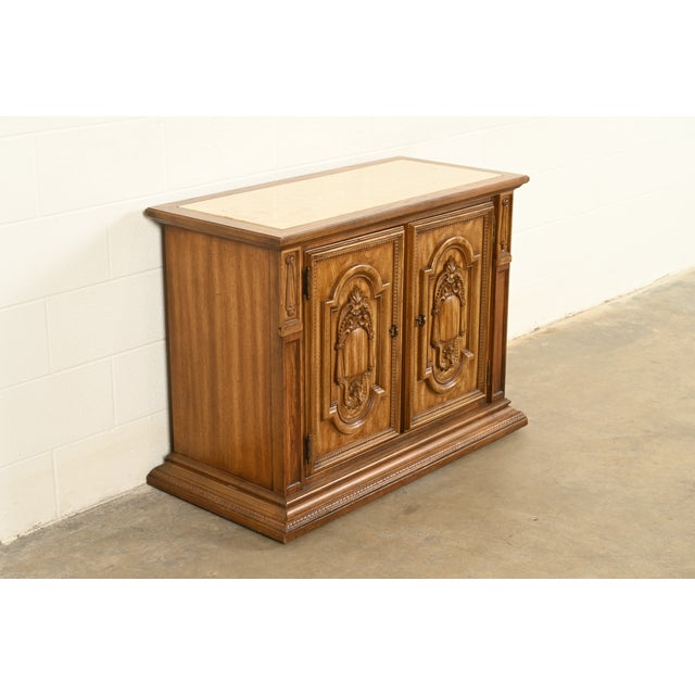 Stanley Furniture French Regency Louis XVI Carved Pecan Wood Marble Top Sideboard Buffet or Bar Cabinet by Stanley, Circa 1960s For Sale - Image 4 of 13