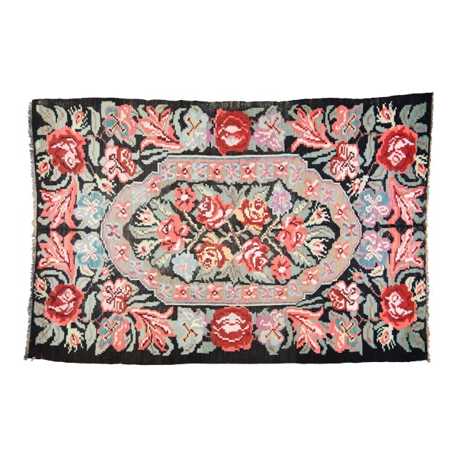Vintage Bessarabian Natural Color Hand Made Organic Wool Floral Kilim,6'3"x9'4" For Sale