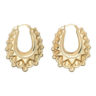 Textured Oval Hoop Earrings Vintage 14k Yellow Gold Drops Estate Jewellery - 2 Pieces For Sale