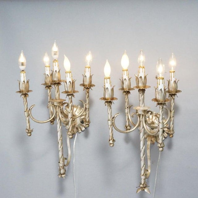 Antique Arts & Crafts Gothic Silvered Finish Candelabra Wall Sconces 20th C For Sale - Image 4 of 8
