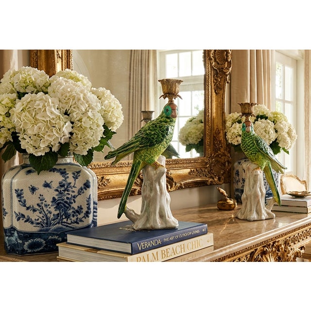 Chinoiserie Green Porcelain Parrot Candleholder Pair With Bronze Ormolu For Sale - Image 3 of 9