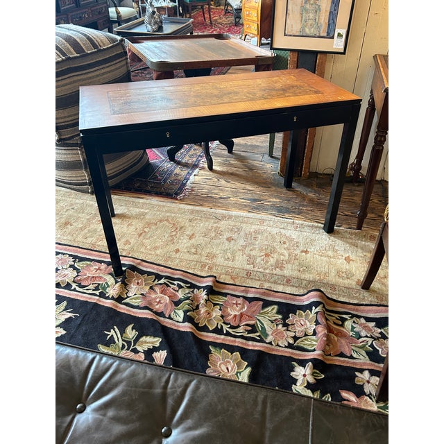 Brown Handsome Vintage Burl and Inlaid Desk With Ebonized Base For Sale - Image 8 of 11