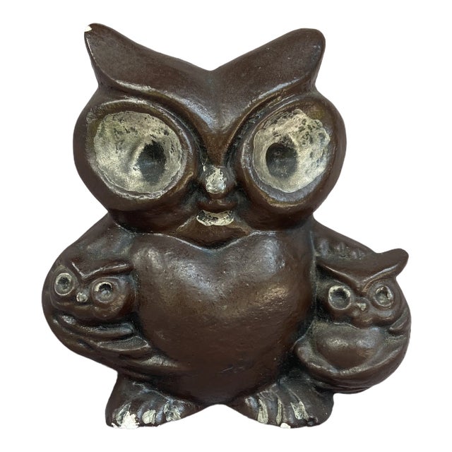 Mid-Century Rustic Owl With Twins Figurine For Sale